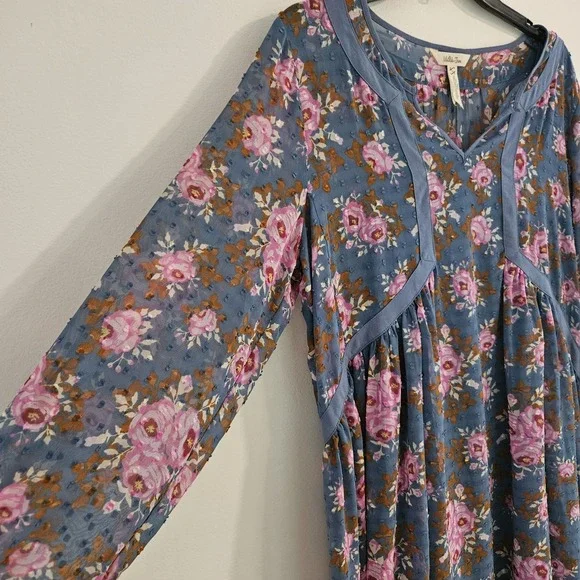 Matilda Jane Floral Flutter Twirl Dress L Women Balloon Sleeve Swiss Dot Midi Bl - Picture 4 of 11